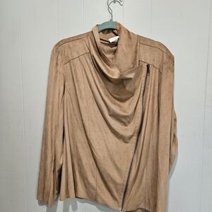 Women's Tan Utility Asymmetrical Jacket with Zipper Draped Collar